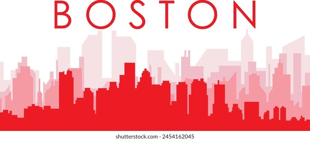 Red panoramic city skyline poster with reddish misty transparent background buildings of BOSTON, UNITED STATES