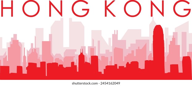 Afiche panorámico rojo del horizonte de la ciudad con los edificios rojizos brumosos transparentes del fondo de HONG KONG, CHINA