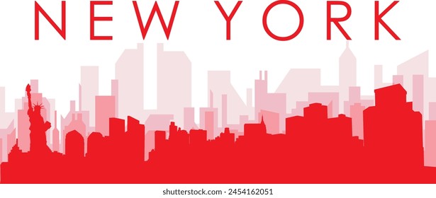 Red panoramic city skyline poster with reddish misty transparent background buildings of NEW YORK, UNITED STATES