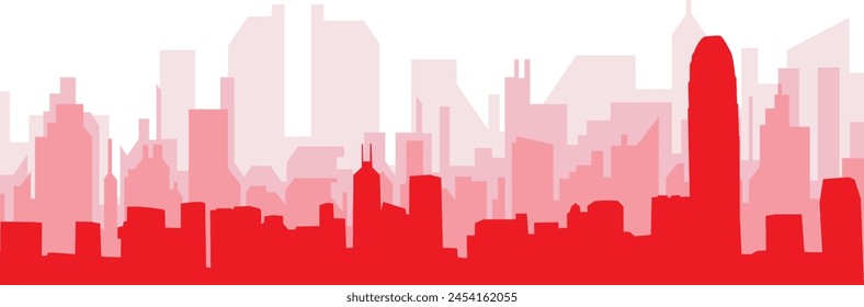 Red panoramic city skyline poster with reddish misty transparent background buildings of HONG KONG, CHINA