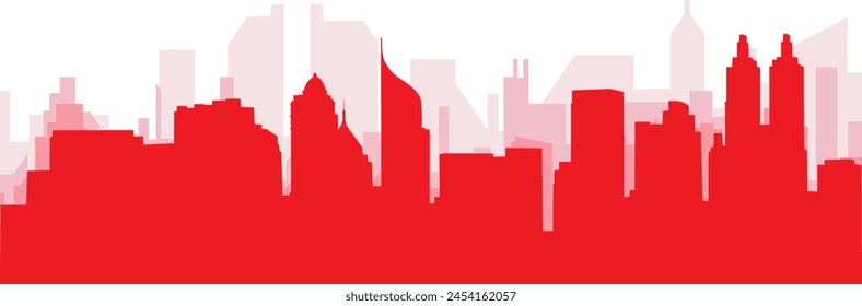 Red panoramic city skyline poster with reddish misty transparent background buildings of JAKARTA, INDONESIA