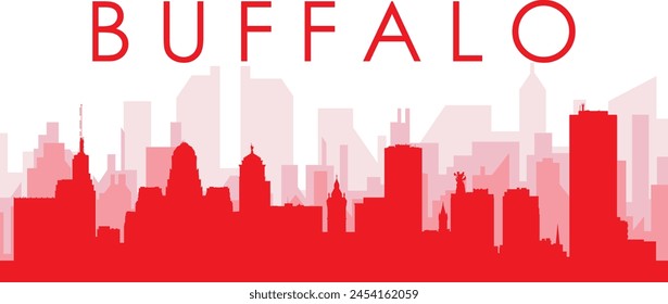 Red panoramic city skyline poster with reddish misty transparent background buildings of BUFFALO, UNITED STATES