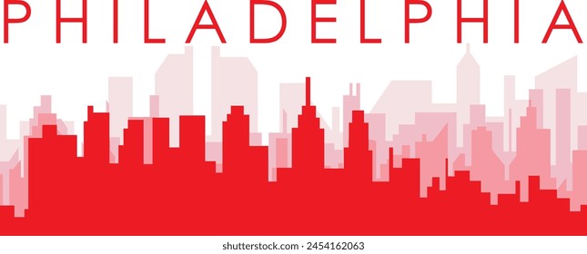 Red panoramic city skyline poster with reddish misty transparent background buildings of PHILADELPHIA, UNITED STATES