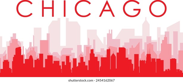 Red panoramic city skyline poster with reddish misty transparent background buildings of CHICAGO, UNITED STATES