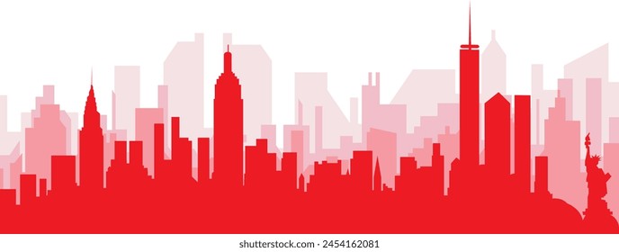 Red panoramic city skyline poster with reddish misty transparent background buildings of NEW YORK, UNITED STATES