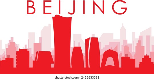 Afiche panorámico rojo del horizonte de la ciudad con los edificios rojizos del fondo transparente brumoso de BEIJING, CHINA