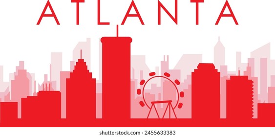 Red panoramic city skyline poster with reddish misty transparent background buildings of ATLANTA, UNITED STATES