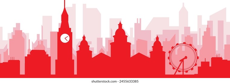 Red panoramic city skyline poster with reddish misty transparent background buildings of BELFAST, IRELAND