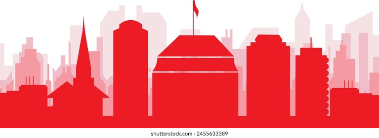 Red panoramic city skyline poster with reddish misty transparent background buildings of BONN, GERMANY