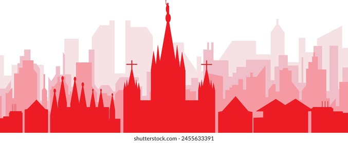 Red panoramic city skyline poster with reddish misty transparent background buildings of BARCELONA, SPAIN