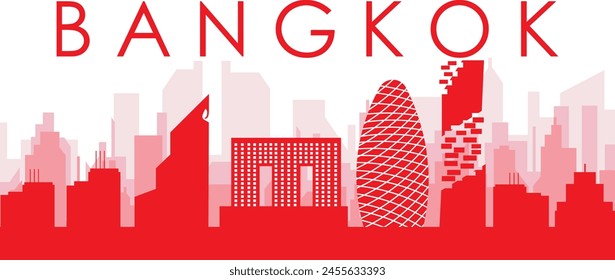 Red panoramic city skyline poster with reddish misty transparent background buildings of BANGKOK, THAILAND