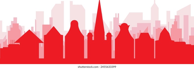 Red panoramic city skyline poster with reddish misty transparent background buildings of AMSTERDAM, NETHERLANDS