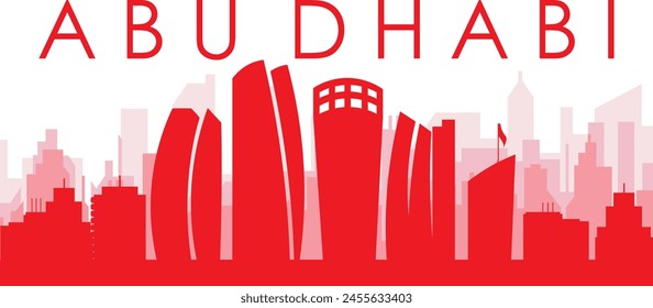 Red panoramic city skyline poster with reddish misty transparent background buildings of ABU DHABI, UNITED ARAB EMIRATES