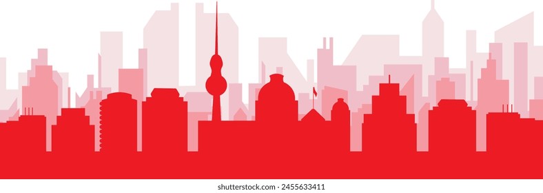 Red panoramic city skyline poster with reddish misty transparent background buildings of BERLIN, GERMANY