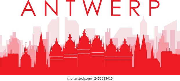 Red panoramic city skyline poster with reddish misty transparent background buildings of ANTWERP, BELGIUM