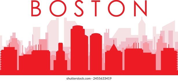 Red panoramic city skyline poster with reddish misty transparent background buildings of BOSTON, UNITED STATES