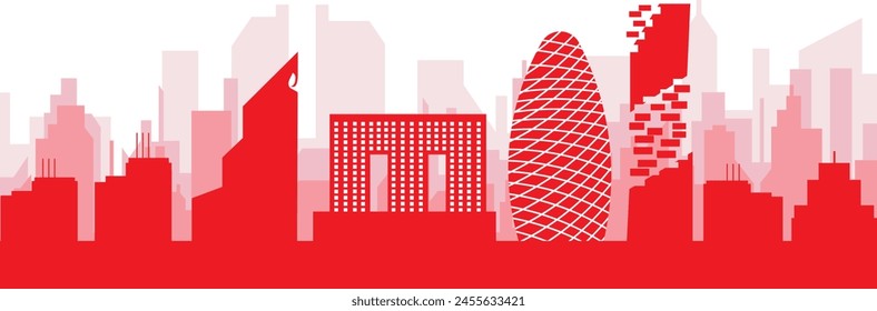 Red panoramic city skyline poster with reddish misty transparent background buildings of BANGKOK, THAILAND