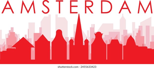 Red panoramic city skyline poster with reddish misty transparent background buildings of AMSTERDAM, NETHERLANDS