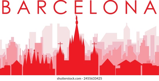 Red panoramic city skyline poster with reddish misty transparent background buildings of BARCELONA, SPAIN