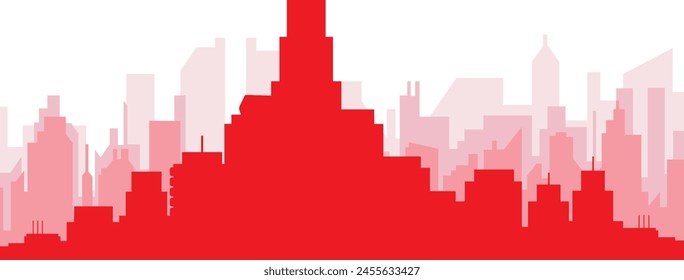 Red panoramic city skyline poster with reddish misty transparent background buildings of BOGOTA, COLOMBIA