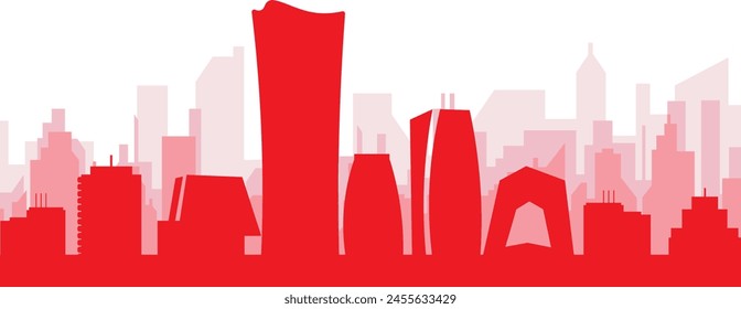 Afiche panorámico rojo del horizonte de la ciudad con los edificios rojizos del fondo transparente brumoso de BEIJING, CHINA