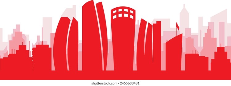 Red panoramic city skyline poster with reddish misty transparent background buildings of ABU DHABI, UNITED ARAB EMIRATES