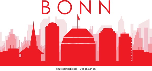 Red panoramic city skyline poster with reddish misty transparent background buildings of BONN, GERMANY