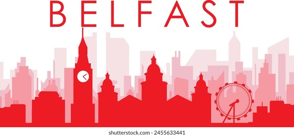 Red panoramic city skyline poster with reddish misty transparent background buildings of BELFAST, IRELAND