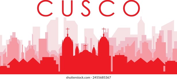 Red panoramic city skyline poster with reddish misty transparent background buildings of CUSCO, PERU