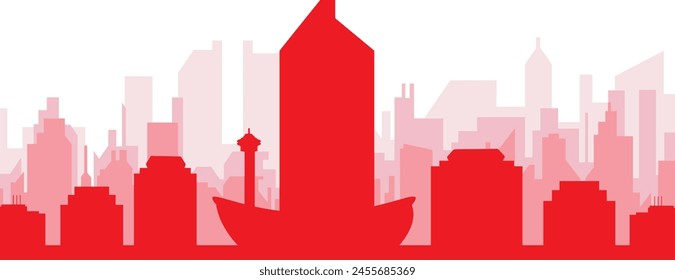 Red panoramic city skyline poster with reddish misty transparent background buildings of CALGARY, CANADA