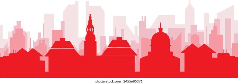 Red panoramic city skyline poster with reddish misty transparent background buildings of COPENHAGEN, DENMARK