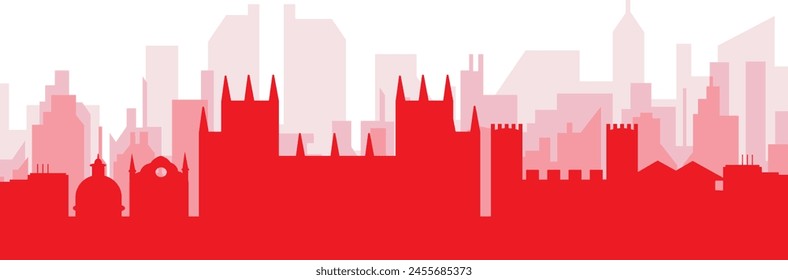 Red panoramic city skyline poster with reddish misty transparent background buildings of CANTERBURY, UNITED KINGDOM