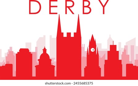 Póster panorámico de horizonte de la ciudad rojo con los edificios de fondo rojizos y brumosos transparentes de DERBY, REINO UNIDO