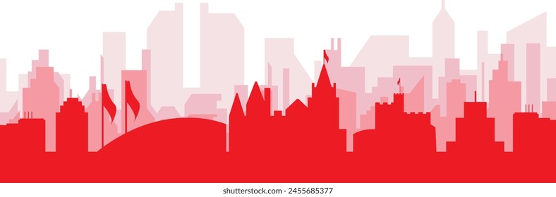 Red panoramic city skyline poster with reddish misty transparent background buildings of CARDIFF, UNITED KINGDOM