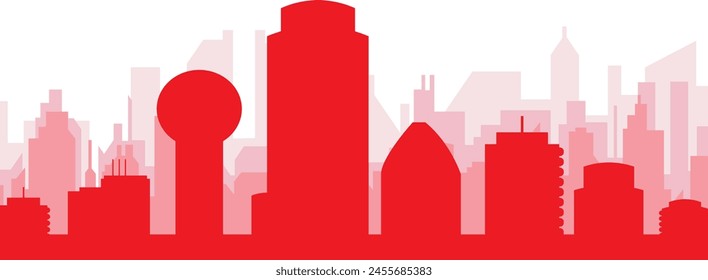 Red panoramic city skyline poster with reddish misty transparent background buildings of DALLAS, UNITED STATES