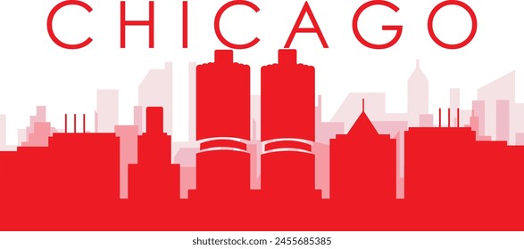 Red panoramic city skyline poster with reddish misty transparent background buildings of CHICAGO, UNITED STATES