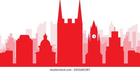 Red panoramic city skyline poster with reddish misty transparent background buildings of DERBY, UNITED KINGDOM