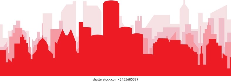 Red panoramic city skyline poster with reddish misty transparent background buildings of DETROIT, UNITED STATES