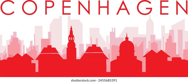 Red panoramic city skyline poster with reddish misty transparent background buildings of COPENHAGEN, DENMARK