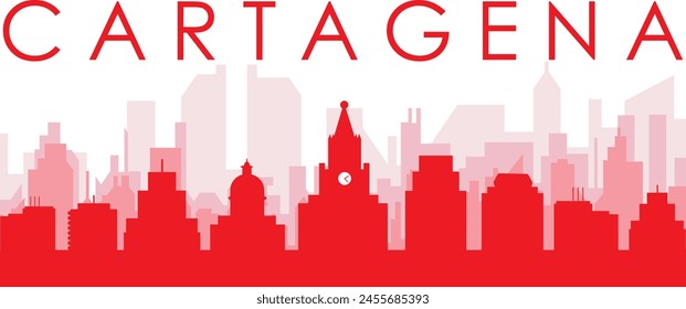 Red panoramic city skyline poster with reddish misty transparent background buildings of CARTAGENA, COLOMBIA