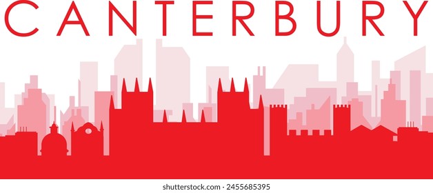 Red panoramic city skyline poster with reddish misty transparent background buildings of CANTERBURY, UNITED KINGDOM