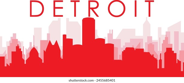 Red panoramic city skyline poster with reddish misty transparent background buildings of DETROIT, UNITED STATES