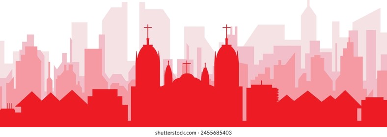 Red panoramic city skyline poster with reddish misty transparent background buildings of CUSCO, PERU