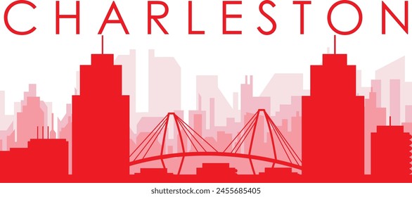 Red panoramic city skyline poster with reddish misty transparent background buildings of CHARLESTON, UNITED STATES