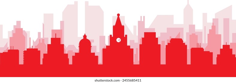 Red panoramic city skyline poster with reddish misty transparent background buildings of CARTAGENA, COLOMBIA