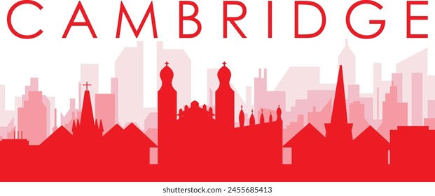 Red panoramic city skyline poster with reddish misty transparent background buildings of CAMBRIDGE, UNITED KINGDOM