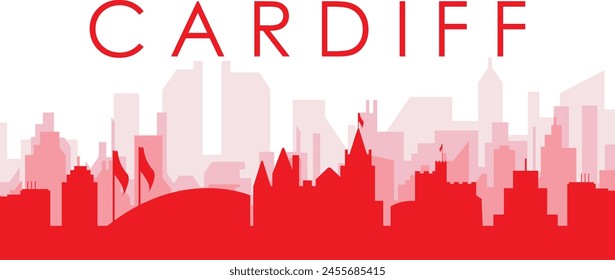 Red panoramic city skyline poster with reddish misty transparent background buildings of CARDIFF, UNITED KINGDOM