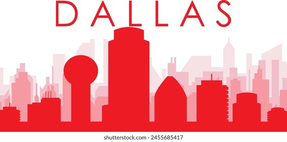 Red panoramic city skyline poster with reddish misty transparent background buildings of DALLAS, UNITED STATES