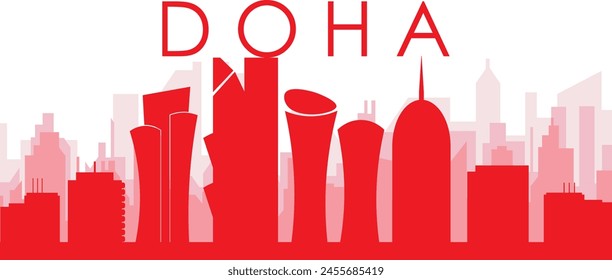 Red panoramic city skyline poster with reddish misty transparent background buildings of DOHA, QATAR