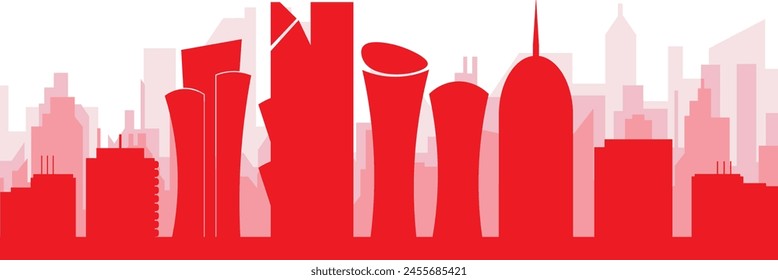 Red panoramic city skyline poster with reddish misty transparent background buildings of DOHA, QATAR